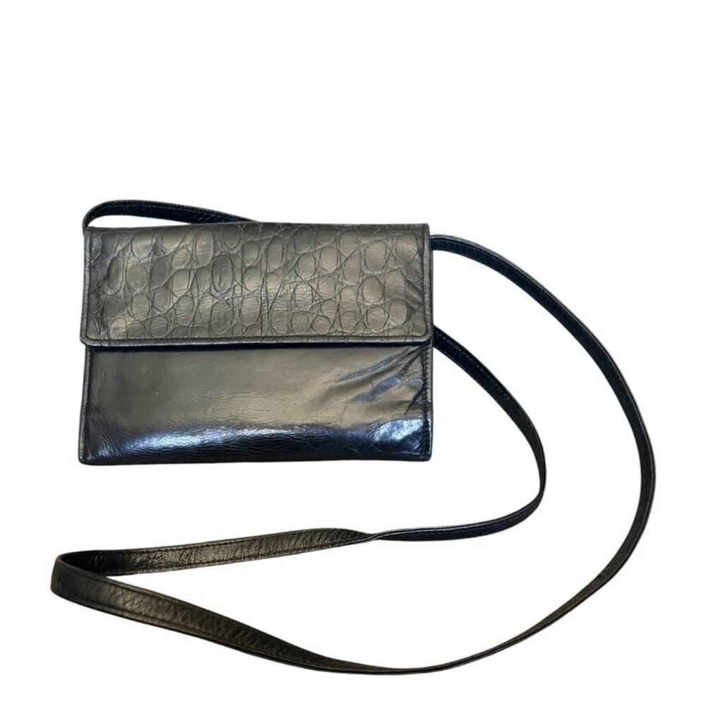 Tusk Black Leather Croc Embossed Crossbody Convertible Clutch Bag Shoulder Strap